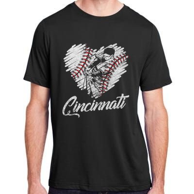 Cincinnati Baseball Heart Distressed Vintage Baseball Fans Adult ChromaSoft Performance T-Shirt