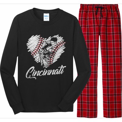 Cincinnati Baseball Heart Distressed Vintage Baseball Fans Long Sleeve Pajama Set