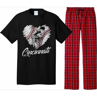 Cincinnati Baseball Heart Distressed Vintage Baseball Fans Pajama Set