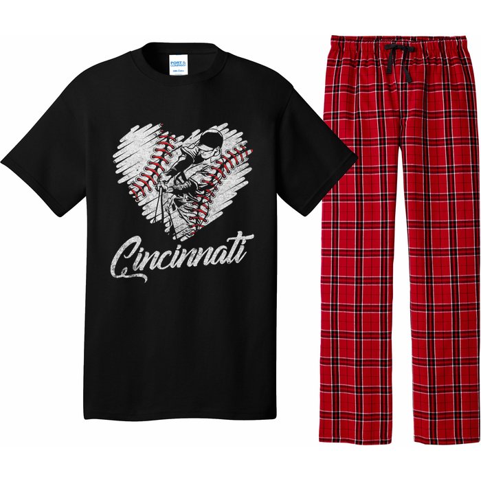 Cincinnati Baseball Heart Distressed Vintage Baseball Fans Pajama Set