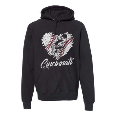 Cincinnati Baseball Heart Distressed Vintage Baseball Fans Premium Hoodie