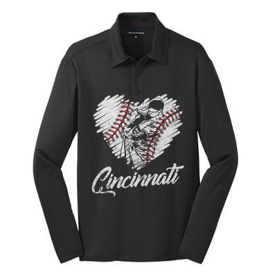 Cincinnati Baseball Heart Distressed Vintage Baseball Fans Silk Touch Performance Long Sleeve Polo