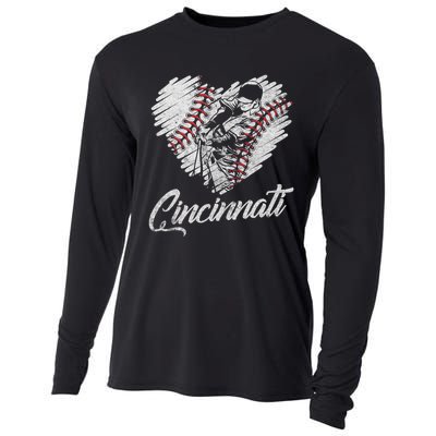 Cincinnati Baseball Heart Distressed Vintage Baseball Fans Cooling Performance Long Sleeve Crew