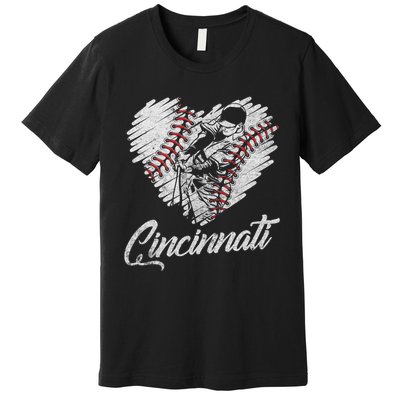 Cincinnati Baseball Heart Distressed Vintage Baseball Fans Premium T-Shirt