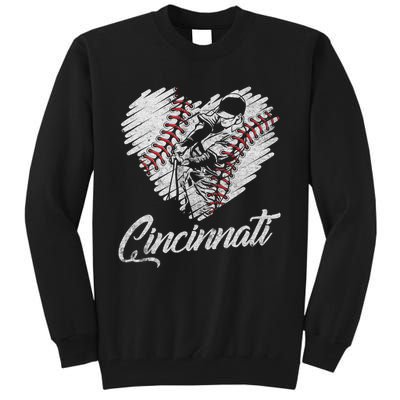 Cincinnati Baseball Heart Distressed Vintage Baseball Fans Tall Sweatshirt