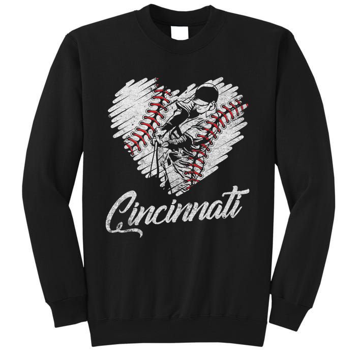 Cincinnati Baseball Heart Distressed Vintage Baseball Fans Tall Sweatshirt