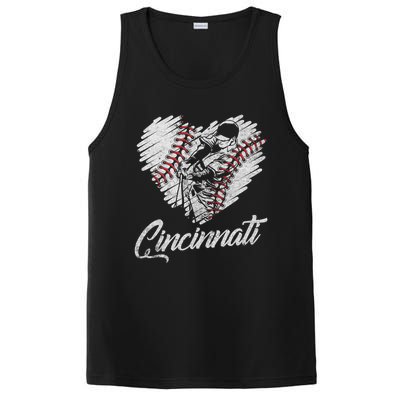 Cincinnati Baseball Heart Distressed Vintage Baseball Fans PosiCharge Competitor Tank