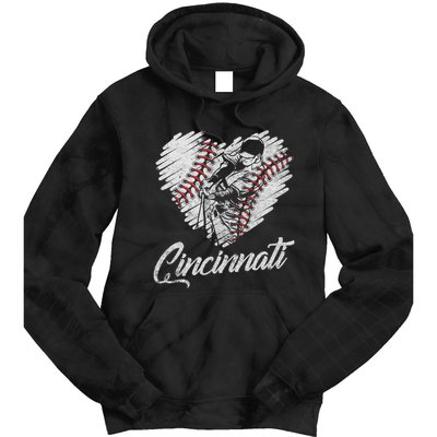 Cincinnati Baseball Heart Distressed Vintage Baseball Fans Tie Dye Hoodie