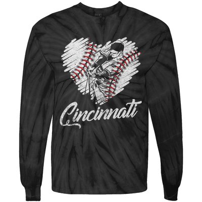 Cincinnati Baseball Heart Distressed Vintage Baseball Fans Tie-Dye Long Sleeve Shirt