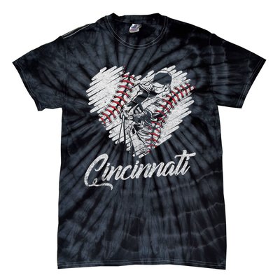 Cincinnati Baseball Heart Distressed Vintage Baseball Fans Tie-Dye T-Shirt