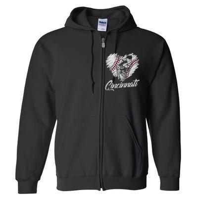 Cincinnati Baseball Heart Distressed Vintage Baseball Fans Full Zip Hoodie