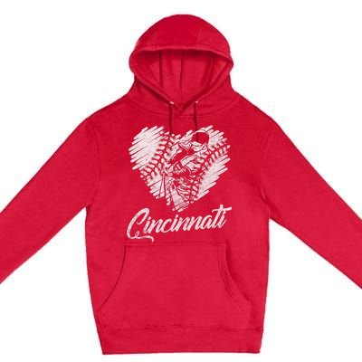 Cincinnati Baseball Heart Distressed Vintage Baseball Fans Premium Pullover Hoodie