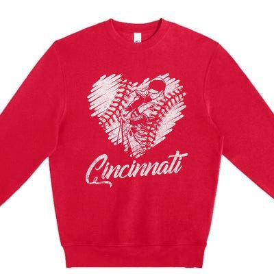 Cincinnati Baseball Heart Distressed Vintage Baseball Fans Premium Crewneck Sweatshirt