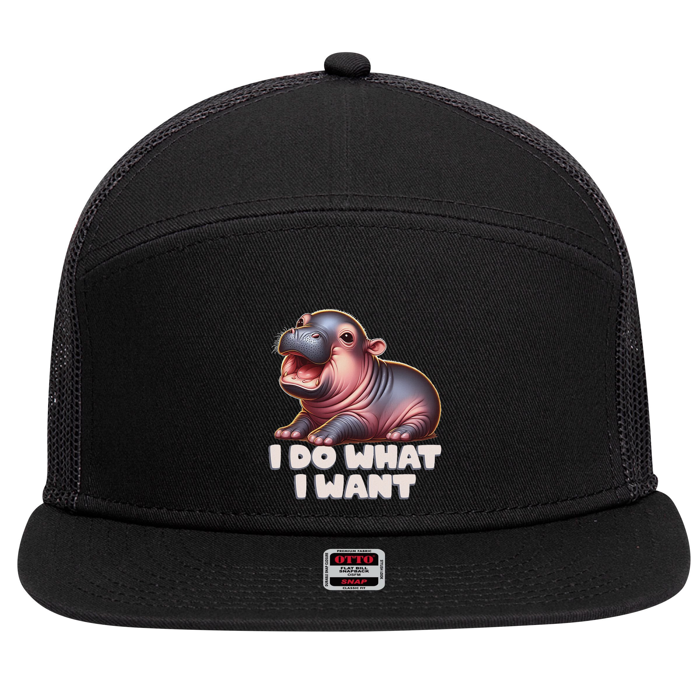 Cute Baby Hippo Moo Deng I Do What I Want 7 Panel Mesh Trucker Snapback Hat