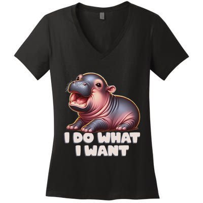 Cute Baby Hippo Moo Deng I Do What I Want Women's V-Neck T-Shirt