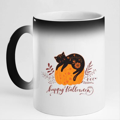 Cute Boho Halloween Black Cat Fall Pumpkin 11oz Black Color Changing Mug