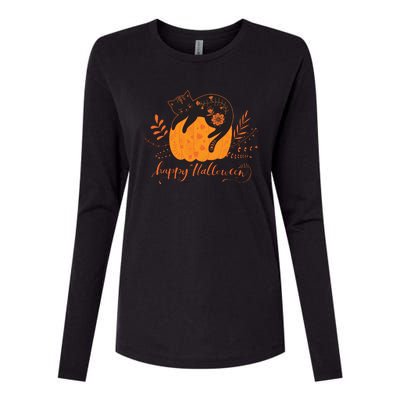 Cute Boho Halloween Black Cat Fall Pumpkin Womens Cotton Relaxed Long Sleeve T-Shirt