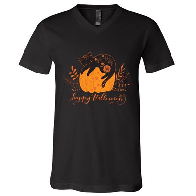 Cute Boho Halloween Black Cat Fall Pumpkin V-Neck T-Shirt