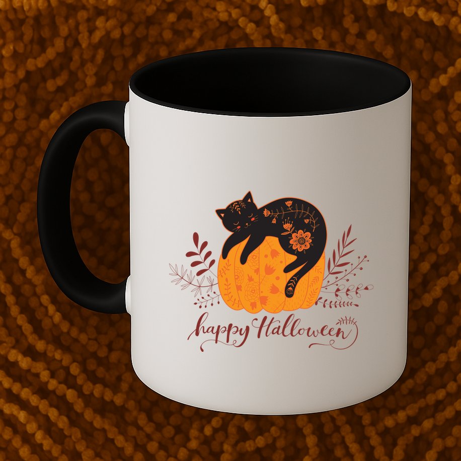 Cute Boho Halloween Black Cat Fall Pumpkin Mug