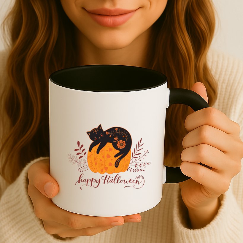 Cute Boho Halloween Black Cat Fall Pumpkin Mug