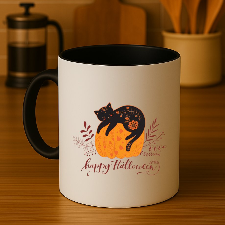 Cute Boho Halloween Black Cat Fall Pumpkin Mug