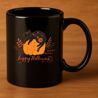 Cute Boho Halloween Black Cat Fall Pumpkin 11oz C Handle Ceramic Mug