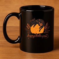 Cute Boho Halloween Black Cat Fall Pumpkin 11oz C Handle Ceramic Mug