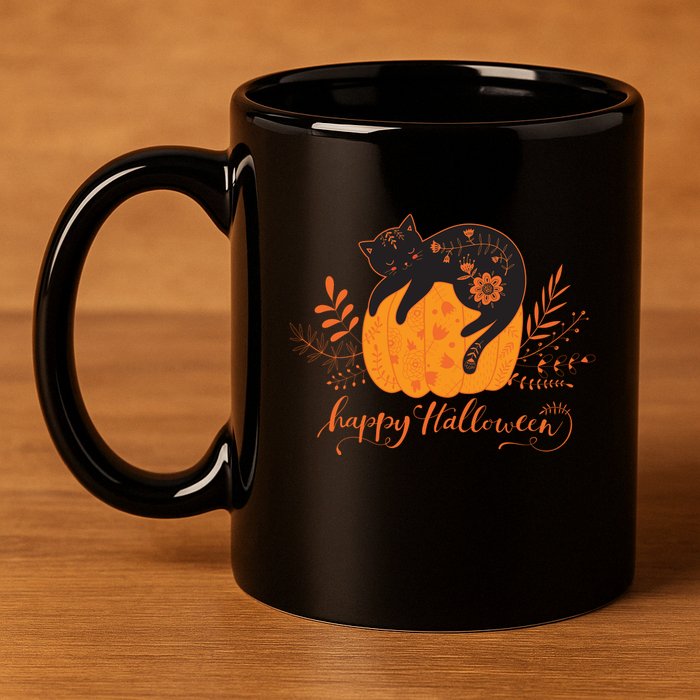 Cute Boho Halloween Black Cat Fall Pumpkin 11oz C Handle Ceramic Mug