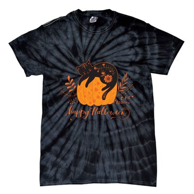 Cute Boho Halloween Black Cat Fall Pumpkin Tie-Dye T-Shirt