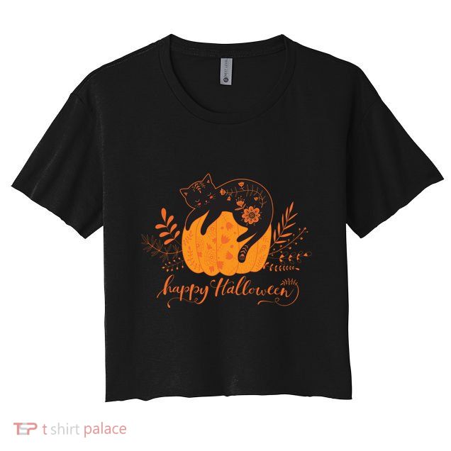 Cute Boho Halloween Black Cat Fall Pumpkin Crop Top
