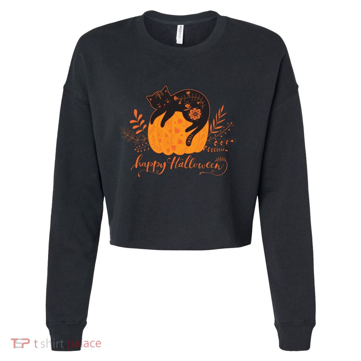 Cute Boho Halloween Black Cat Fall Pumpkin Cropped Pullover Crew
