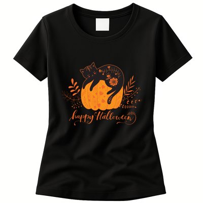 Cute Boho Halloween Black Cat Fall Pumpkin Womens T-Shirt