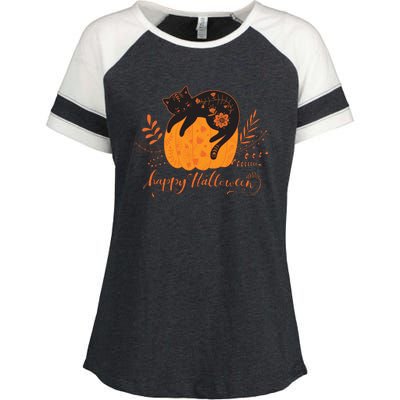 Cute Boho Halloween Black Cat Fall Pumpkin Enza Ladies Jersey Colorblock Tee