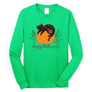 Cute Boho Halloween Black Cat Fall Pumpkin Long Sleeve Shirt