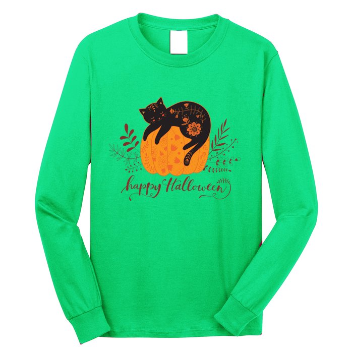 Cute Boho Halloween Black Cat Fall Pumpkin Long Sleeve Shirt