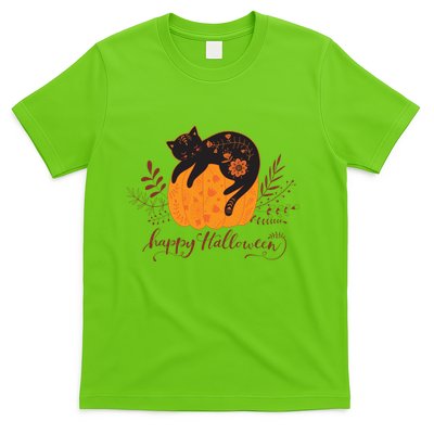 Cute Boho Halloween Black Cat Fall Pumpkin T-Shirt
