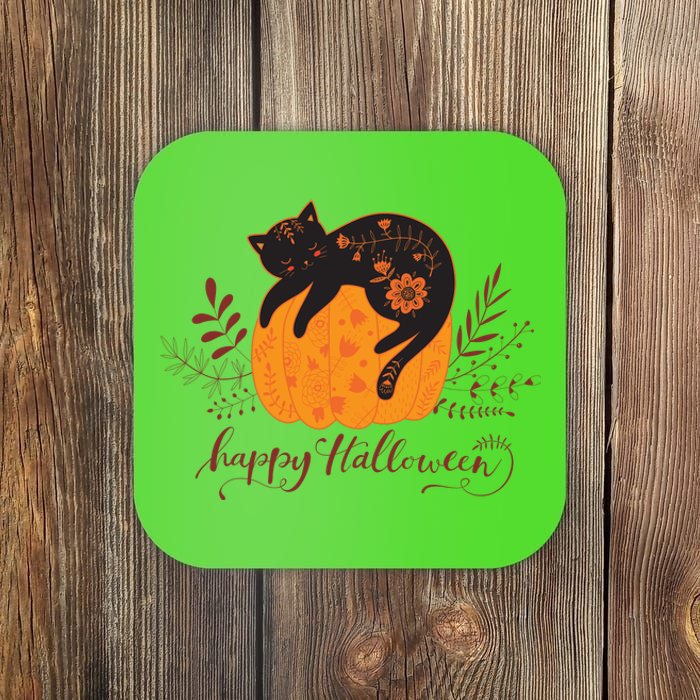 Cute Boho Halloween Black Cat Fall Pumpkin Coaster