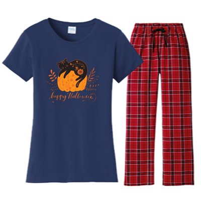 Cute Boho Halloween Black Cat Fall Pumpkin Women's Flannel Pajama Set