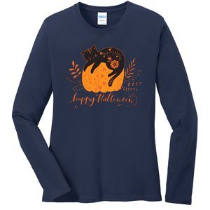 Cute Boho Halloween Black Cat Fall Pumpkin Ladies Long Sleeve Shirt