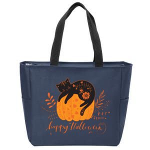 Cute Boho Halloween Black Cat Fall Pumpkin Zip Tote Bag