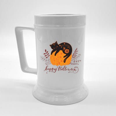 Cute Boho Halloween Black Cat Fall Pumpkin Beer Stein