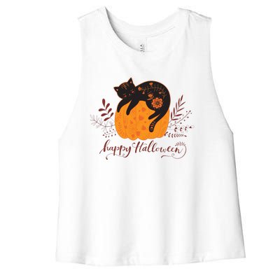 Cute Boho Halloween Black Cat Fall Pumpkin Women's Racerback Cropped Tank