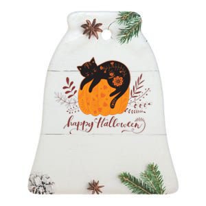 Cute Boho Halloween Black Cat Fall Pumpkin Ceramic Bell Ornament