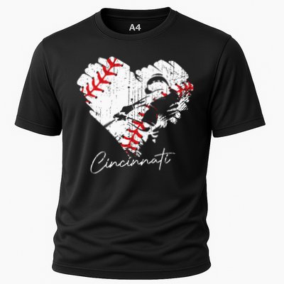 Cincinnati Baseball Heart Distressed Vintage Baseball Fans Cooling Performance Crew T-Shirt