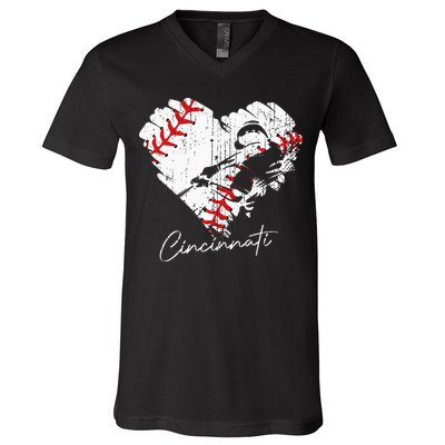 Cincinnati Baseball Heart Distressed Vintage Baseball Fans V-Neck T-Shirt