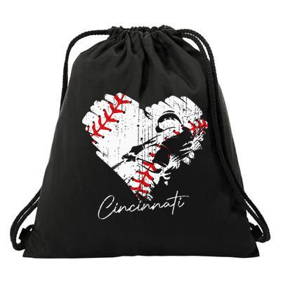Cincinnati Baseball Heart Distressed Vintage Baseball Fans Drawstring Bag