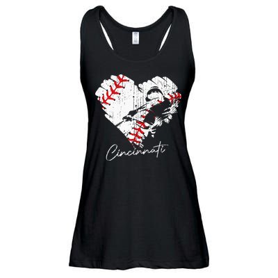 Cincinnati Baseball Heart Distressed Vintage Baseball Fans Ladies Essential Flowy Tank