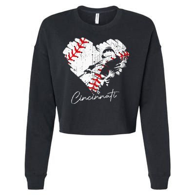 Cincinnati Baseball Heart Distressed Vintage Baseball Fans Cropped Pullover Crew