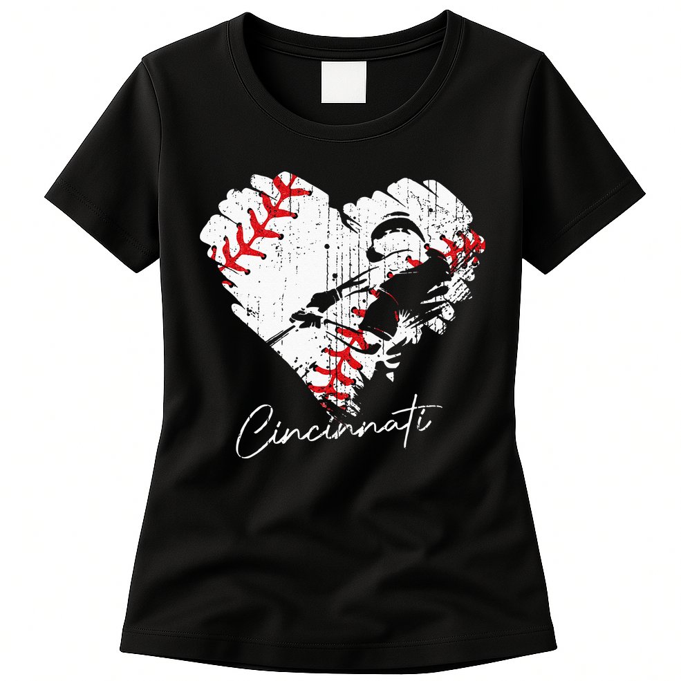 Cincinnati Baseball Heart Distressed Vintage Baseball Fans Womens T-Shirt