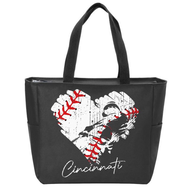 Cincinnati Baseball Heart Distressed Vintage Baseball Fans Zip Tote Bag